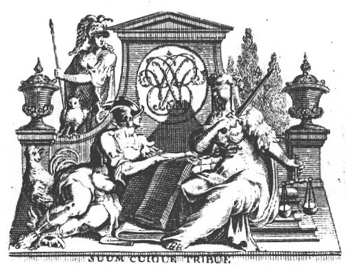 Mercury (petasus, cock, caduceus and winged sandals) and Justice (blindfold, sword and scales) seated in front of a pediment with vases and the monogram "W.B." in a medallion; Minerva (owl, helmet, lance) standing behind the pediment; cypresses behind it on the other side; books