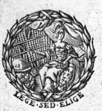 Minerva (Aegis, helmet) sitting in a library or study, pointing towards shelves with books; a globe and an armillary sphere; a wreath as frame