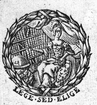 Minerva (Aegis, helmet) sitting in a library or study, pointing towards shelves with books; a globe and an armillary sphere; a wreath as frame