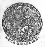Minerva (Aegis, helmet) sitting in a library or study, pointing towards shelves with books; a globe and an armillary sphere; a wreath as frame