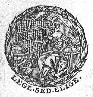 Minerva (Aegis, helmet) sitting in a library or study, pointing towards shelves with books; a globe and an armillary sphere; a wreath as frame