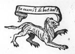 Dog(?) holding a banderole with inscription
