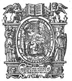At the edge of the wood a preacher (John the Baptist), enclosed by a small balustrade, is addressing a small crowd; a city or village in the background; frame decorated with personifications of Charity (a woman with two children) and Hope (a woman with an anchor), two putti holding a palm-branch, pointing at an open book (bible), vases and mascarons