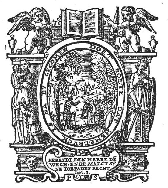 At the edge of the wood a preacher (John the Baptist), enclosed by a small balustrade, is addressing a small crowd; a city or village in the background; frame decorated with personifications of Charity (a woman with two children) and Hope (a woman with an anchor), two putti holding a palm-branch, pointing at an open book (bible), vases and mascarons