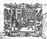 Three men at work in a printing office: a type-setter seated at a typecase, a printer and a man rolling ink-balls; frame of scrollwork and floral ornaments