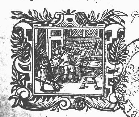 Three men at work in a printing office: a type-setter seated at a typecase, a printer and a man rolling ink-balls; frame of scrollwork and floral ornaments