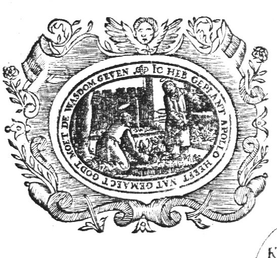 St. Paul setting out plants, St. Apollos watering them; frame decorated with flowers and cherub