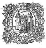 Illustration of "Apocalypse 3:20" 'to Laodicea': Castle (Dutch: 'burcht') with two men: one hammering (Dutch: 'kloppen') against the door, one on top of the castle; frame decorated with festoons and mascaron; initials "I.E.C."