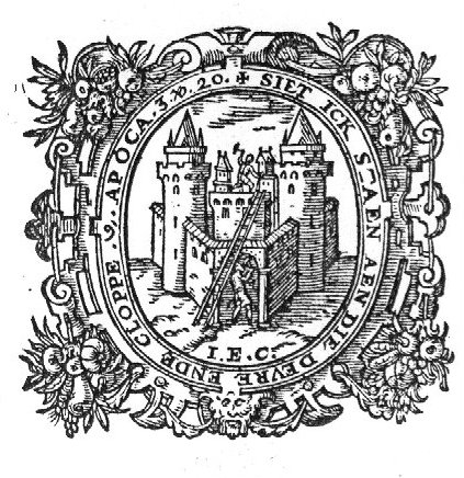Illustration of "Apocalypse 3:20" 'to Laodicea': Castle (Dutch: 'burcht') with two men: one hammering (Dutch: 'kloppen') against the door, one on top of the castle; frame decorated with festoons and mascaron; initials "I.E.C."