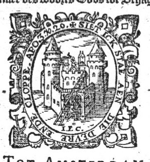 Illustration of "Apocalypse 3:20" 'to Laodicea': Castle (Dutch: 'burcht') with two men: one hammering (Dutch: 'kloppen') against the door, one on top of the castle; decorated frame; initials "I.E.C."