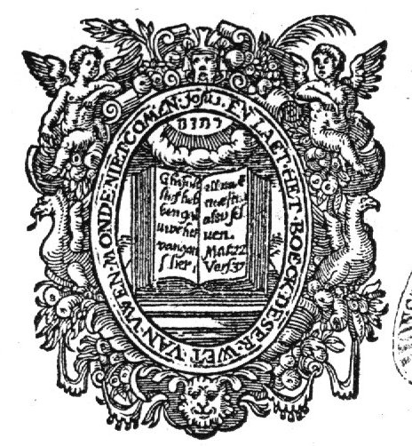 Open book, bible, with text; Jahweh-tetragram; frame decorated with putti, cornucopiae, birds, festoons, lion's head and mascaron