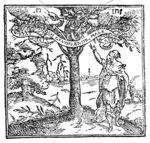 St. Paul standing at the foot of an olive-tree, pointing upward at two hands: one is cutting branches with an axe, the other is grafting a twig into a knot at the end of a branch; Jahweh-tetragram?; landscape with city-view; banderole with inscription