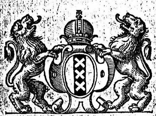 Crowned coat of arms of the city of Amsterdam held by two lions