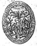 St. Paul setting out a tree, St. Apollos watering a tree; a Jahweh-tetragram