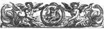 Triton blowing a conch; he is encircled by an Ouroboros, which is held by two other sea-creatures of mixed human and animal shape, with sea-snakes coiled around their tails