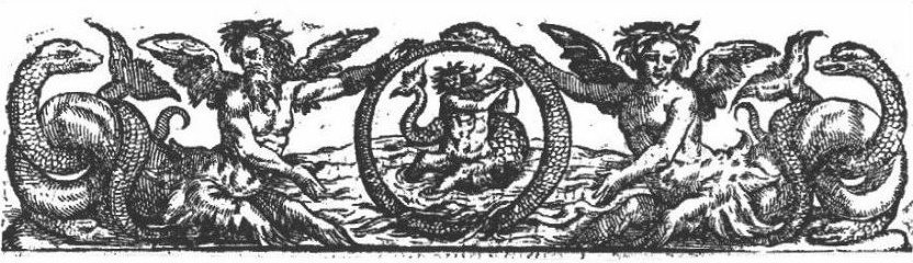Triton blowing a conch; he is encircled by an Ouroboros, which is held by two other sea-creatures of mixed human and animal shape, with sea-snakes coiled around their tails
