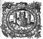 Illustration of "Apocalypse 3:20" 'to Laodicea': Castle with two men: one hammering against the door, one on top of the castle; decorated frame; initials "I.E.C."