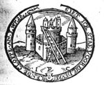 Illustration of "Apocalypse 3:20" 'to Laodicea': Castle (Dutch: 'burcht') with two men: one hammering (Dutch: 'kloppen') against the door, one on top of the castle; initials "I.E.C."
