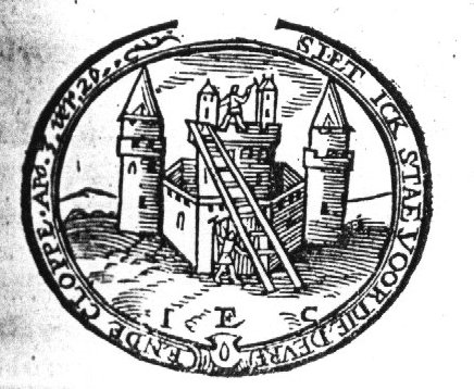 Illustration of "Apocalypse 3:20" 'to Laodicea': Castle (Dutch: 'burcht') with two men: one hammering (Dutch: 'kloppen') against the door, one on top of the castle; initials "I.E.C."
