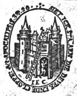 Illustration of "Apocalypse 3:20" 'to Laodicea': Castle (Dutch: 'burcht') with two men: one hammering (Dutch: 'kloppen') against the door, one on top of the castle; initials "I.E.C."