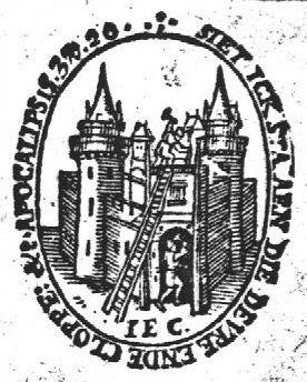 Illustration of "Apocalypse 3:20" 'to Laodicea': Castle (Dutch: 'burcht') with two men: one hammering (Dutch: 'kloppen') against the door, one on top of the castle; initials "I.E.C."
