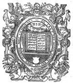 Open book, bible, with text; Jahweh-tetragram, a letter combination; elaborate frame decorated with naked boys trumpeting, vases and festoons