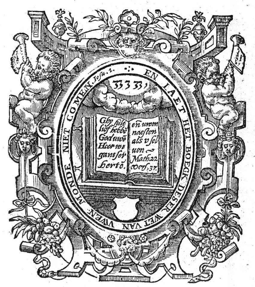 Open book, bible, with text; Jahweh-tetragram, a letter combination; elaborate frame decorated with naked boys trumpeting, vases and festoons