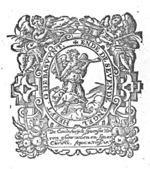 A trumpeting angel holding a palm-branch, illustrating "Apocalypse 11:15"; scrollwork frame with trumpeting angels and garlands of fruit