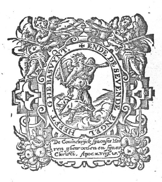 A trumpeting angel holding a palm-branch, illustrating "Apocalypse 11:15"; scrollwork frame with trumpeting angels and garlands of fruit
