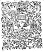Winged heart and an open book above a landscape with buildings, among which a pyramid; frame decorated with festoons and mascaron