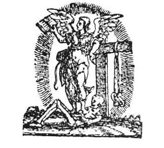Allegory on the Christian Religion: A winged woman holding an open book and leaning against a tau-shaped cross; a bit hanging on one arm of the cross; a skeleton, symbolizing Death, below the feet of the woman
