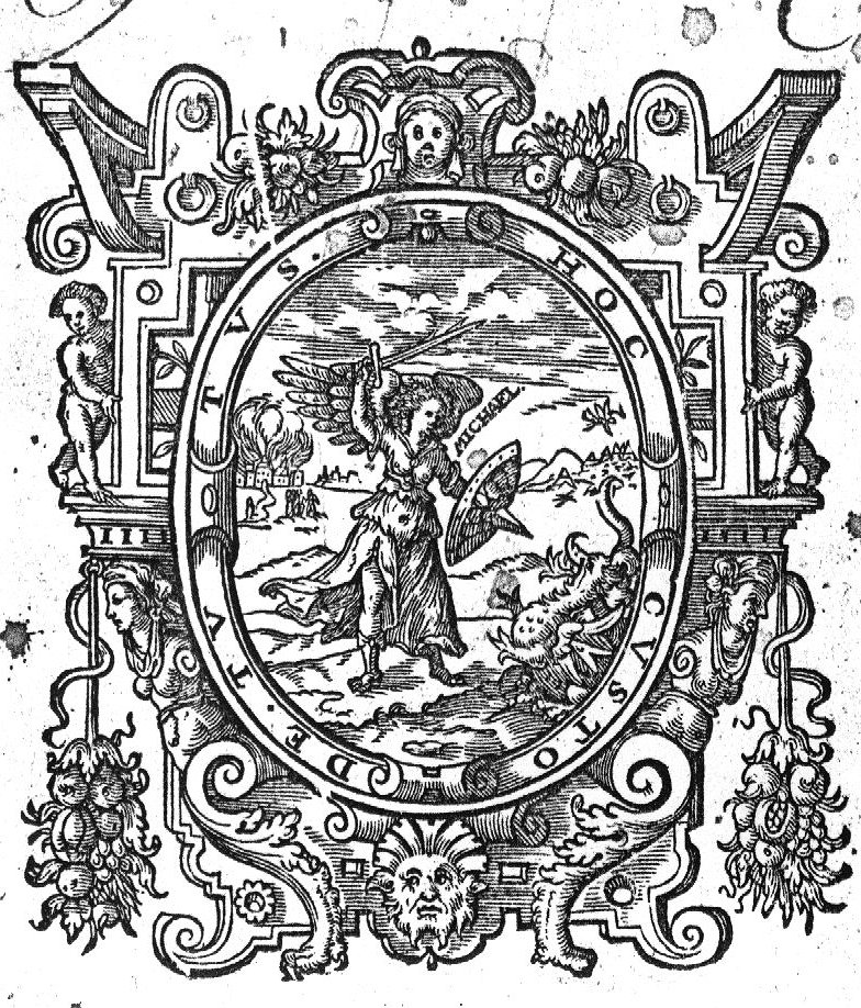Saint Michael fighting the dragon; elaborate frame decorated with human figures, boys, festoons, mascarons