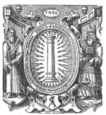 A pillar (Dutch: 'kolom') of fire in a cartouche; frame decorated with Moses and Aaron, a Jahweh-tetragram and a shield with monogram "I.A.C."