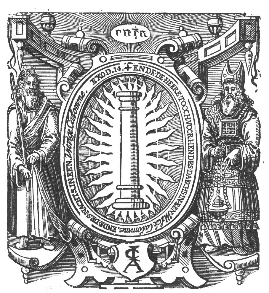 A pillar (Dutch: 'kolom') of fire in a cartouche; frame decorated with Moses and Aaron, a Jahweh-tetragram and a shield with monogram "I.A.C."