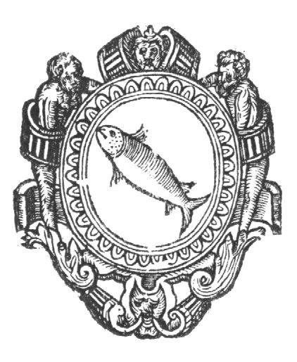 A fish in a cartouche surrounded by a frame with two men looking down at the fish