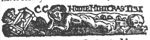 A nude man(?) lying on the ground, between a winged hourglass and a skull with bones; initials "C.C."