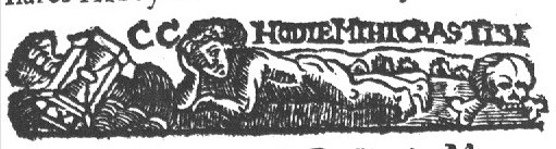 A nude man(?) lying on the ground, between a winged hourglass and a skull with bones; initials "C.C."