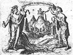 A woman with a palette and a band tied over her mouth (Painting) and a woman with an oil-lamp and peacock feathers on her dress (Rumour?) hold the ends of an inscribed banderole; in the background Pegasus strikes Mount Helicon with his hoof