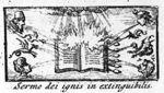 Open book with seven seals; burning from a fire descending from clouds; four human heads (symbolising various threats to the Christian faith, e.g. Judaism, Islam, primitive man, ...?) and dragon-shaped creatures are spitting at the book