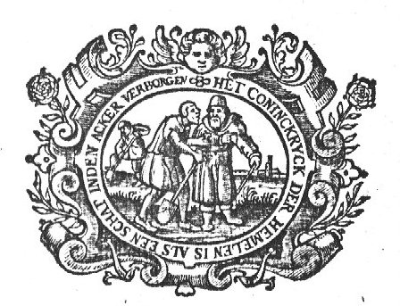 'The Kingdom of Heaven is like treasure hidden in a field': a man digging for a treasure, in the background, and speaking with the man from whom he wants to buy the field, in the foreground; frame decorated with flowers and cherub