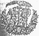 A tree and two women, one of whom is holding a lance; garland of fruit; banderole with inscription; initials "L.H.V.D."