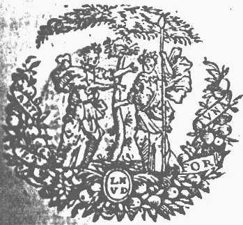 A tree and two women, one of whom is holding a lance; garland of fruit; banderole with inscription; initials "L.H.V.D."