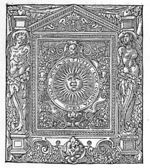 Sun represented as a face; elaborate frame with festoons, cherub, lion's head and architectural details