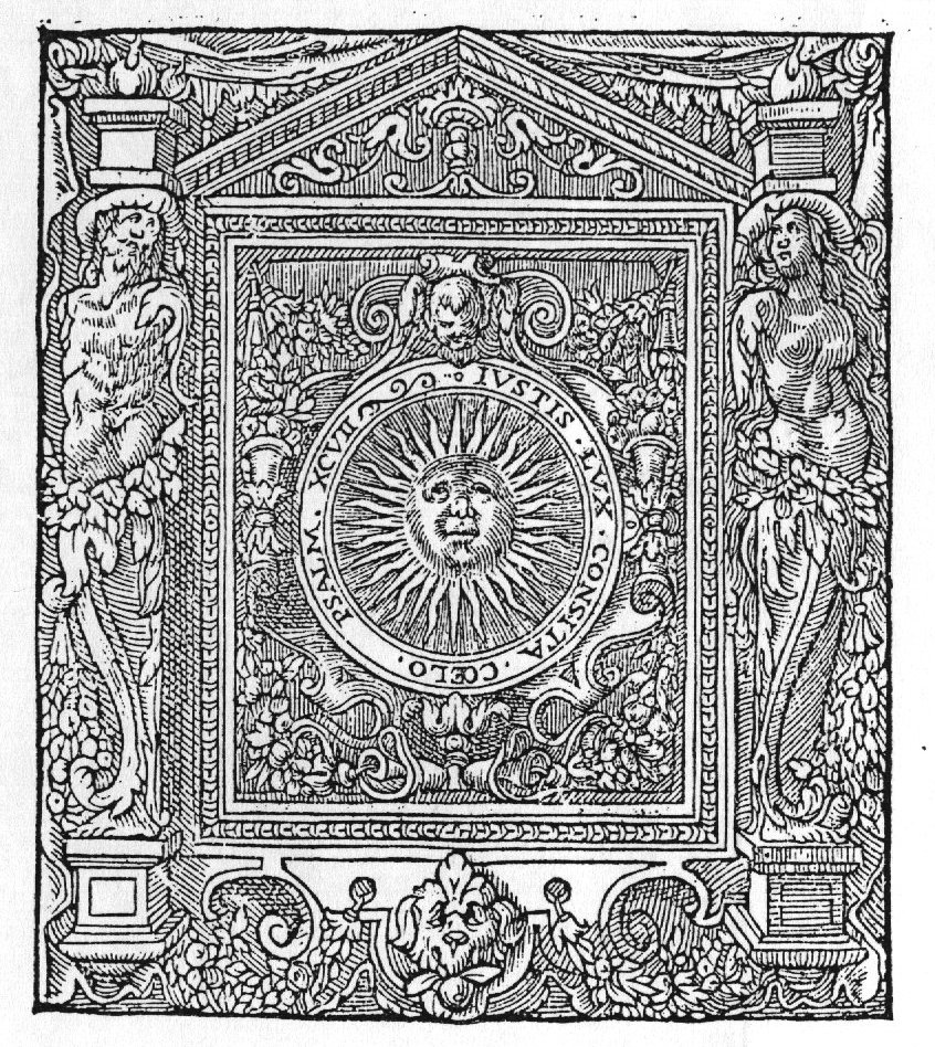 Sun represented as a face; elaborate frame with festoons, cherub, lion's head and architectural details