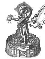 A woman, her head surrounded by a radiance, fluttering garments, standing on a pedestal, holding an open book and a cornucopia; a small garden enclosed by a fence, to which coats of arms are fixed