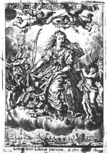 Personification of the city of Dordrecht: sitting woman, holding a palm- branch, 'giving birth to' books in her lap, a coat of arms (of Dordrecht) next to her; cupids with books are surrounding her, and crowning her with a laurel wreath; banderole with inscription; she is sitting on clouds above a city view of Dordrecht