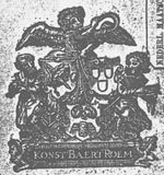 A woman with wings at the shoulder blowing a trumpet (Fame) holding reins to which a printer and an engraver are attached; three coats of arms: one showing a quill and a laurel, another the tools of a printer (ink-ball)