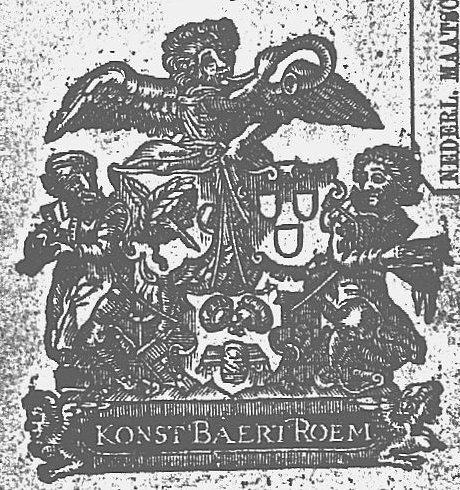 A woman with wings at the shoulder blowing a trumpet (Fame) holding reins to which a printer and an engraver are attached; three coats of arms: one showing a quill and a laurel, another the tools of a printer (ink-ball)
