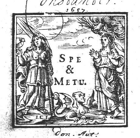 Hope as a woman with an anchor and a bird, light shines upon her; Fear as a woman above which a hand from the clouds holds a bundle of twigs; a sphinx on the ground between them