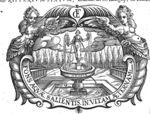 Grace standing in a fountain, milk pouring from her breasts; frame decorated with hybrid beings of mixed human and animal shape; monogram "C.F."